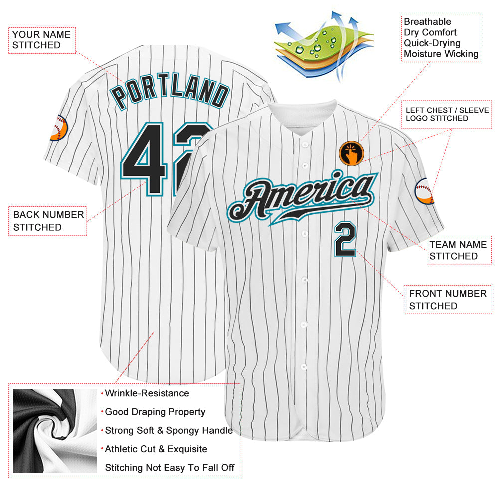 Custom White Black Pinstripe Black-Teal Authentic Baseball Jersey - Sky-Custom