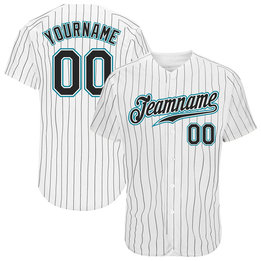 Custom White Black Pinstripe Black-Teal Authentic Baseball Jersey - Sky-Custom