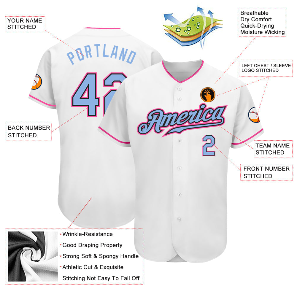 Custom White Light Blue Black-Pink Authentic Baseball Jersey - Sky-Custom