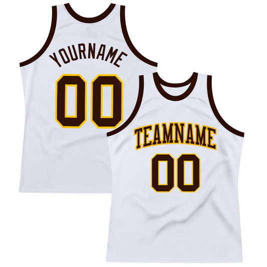 Custom White Brown-Gold Authentic Throwback Basketball Jersey - Sky-Custom