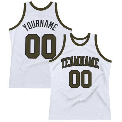 Custom White Olive-Black Authentic Throwback Basketball Jersey - Sky-Custom