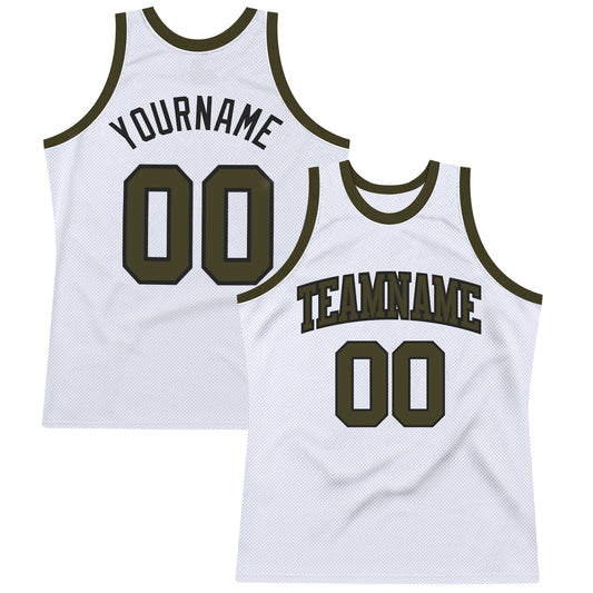 Custom White Olive-Black Authentic Throwback Basketball Jersey - Sky-Custom