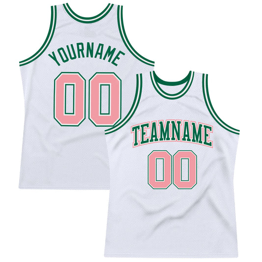 Custom White Medium Pink-Kelly Green Authentic Throwback Basketball Jersey - Sky-Custom