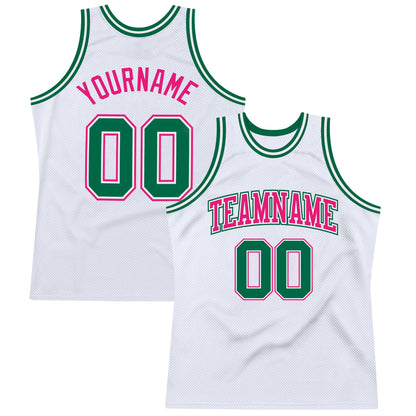 Custom White Kelly Green-Hot Pink Authentic Throwback Basketball Jersey - Sky-Custom