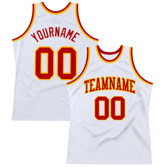 Custom White Red-Gold Authentic Throwback Basketball Jersey - Sky-Custom