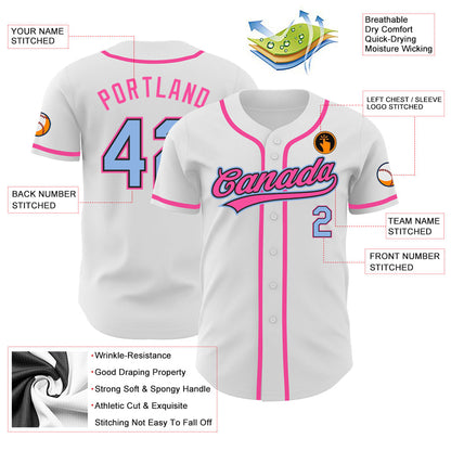 Custom White Light Blue Black-Pink Authentic Baseball Jersey - Sky-Custom