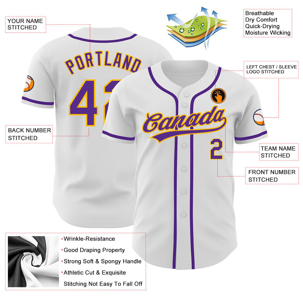 Custom White Purple-Gold Authentic Baseball Jersey - Sky-Custom