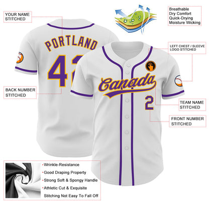 Custom White Purple-Gold Authentic Baseball Jersey - Sky-Custom