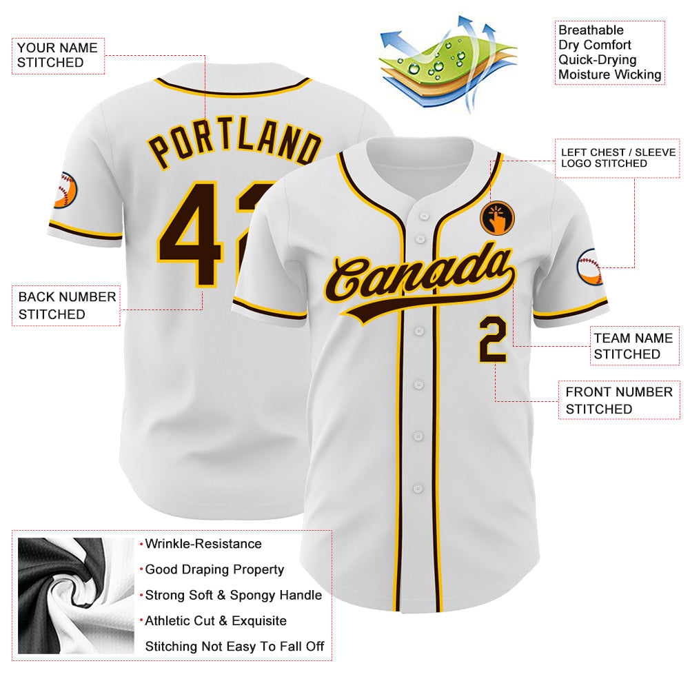 Custom White Brown-Gold Authentic Baseball Jersey - Sky-Custom