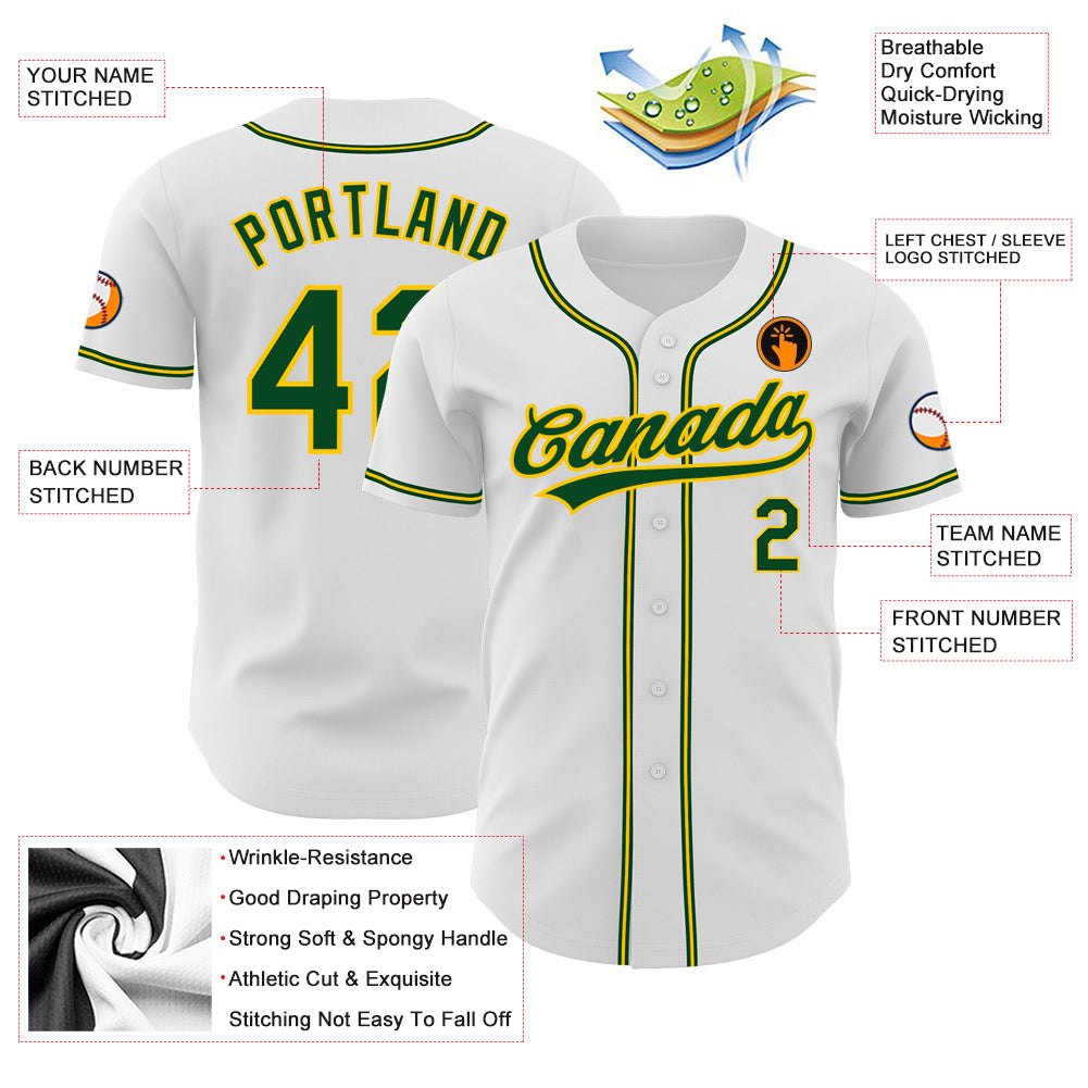 Custom White Green-Gold Authentic Baseball Jersey - Sky-Custom
