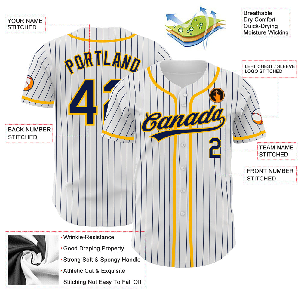 Custom White Navy Pinstripe Navy-Gold Authentic Baseball Jersey - Sky-Custom