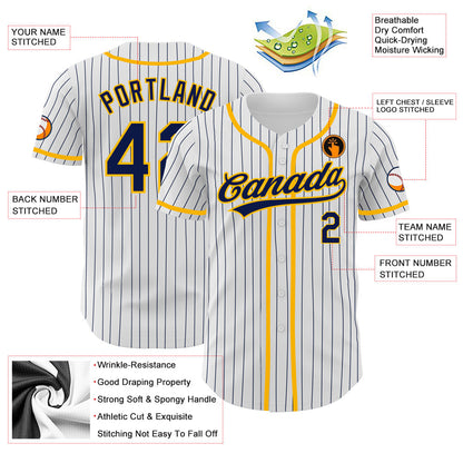 Custom White Navy Pinstripe Navy-Gold Authentic Baseball Jersey - Sky-Custom