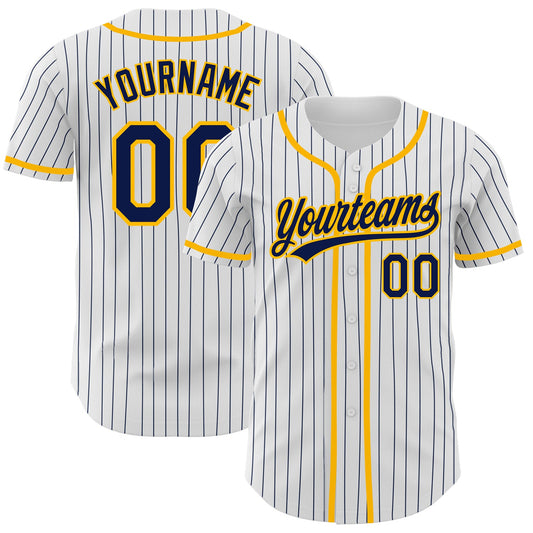 Custom White Navy Pinstripe Navy-Gold Authentic Baseball Jersey - Sky-Custom