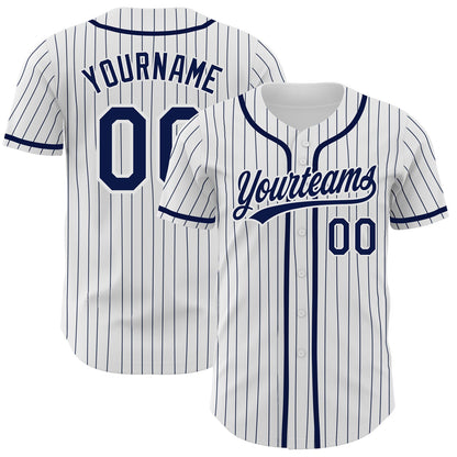 Custom White Navy Pinstripe Navy Authentic Baseball Jersey - Sky-Custom