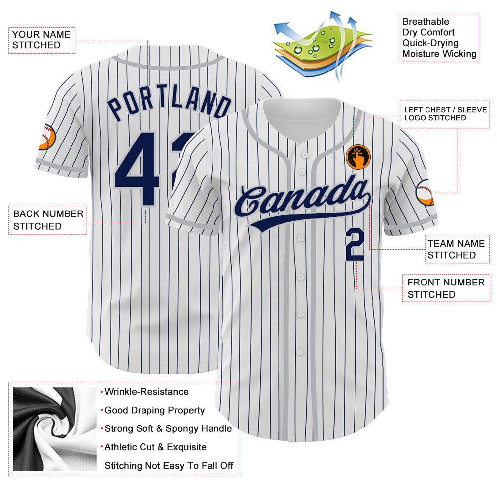 Custom White Navy Pinstripe Navy-Gray Authentic Baseball Jersey - Sky-Custom