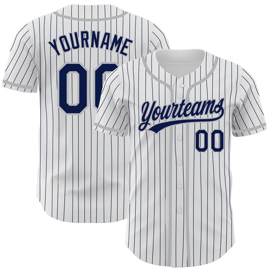 Custom White Navy Pinstripe Navy-Gray Authentic Baseball Jersey - Sky-Custom
