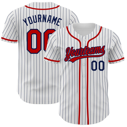 Custom White Navy Pinstripe Red Authentic Baseball Jersey - Sky-Custom