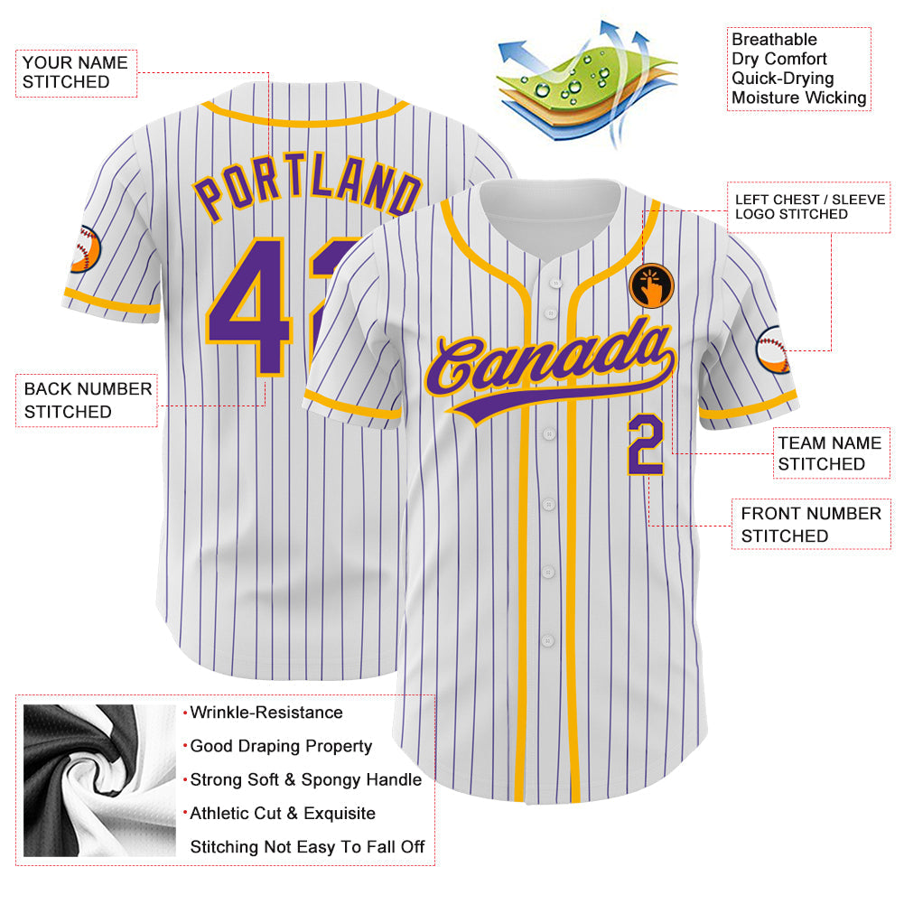 Custom White Purple Pinstripe Purple-Gold Authentic Baseball Jersey - Sky-Custom