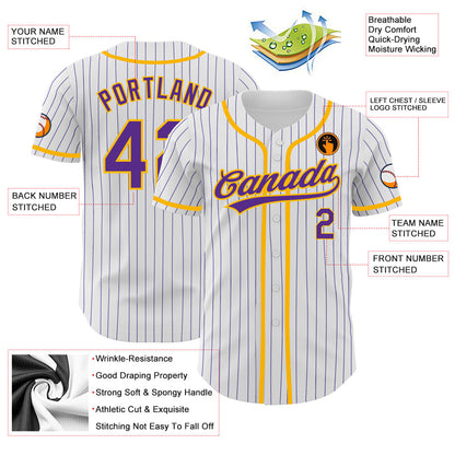 Custom White Purple Pinstripe Purple-Gold Authentic Baseball Jersey - Sky-Custom