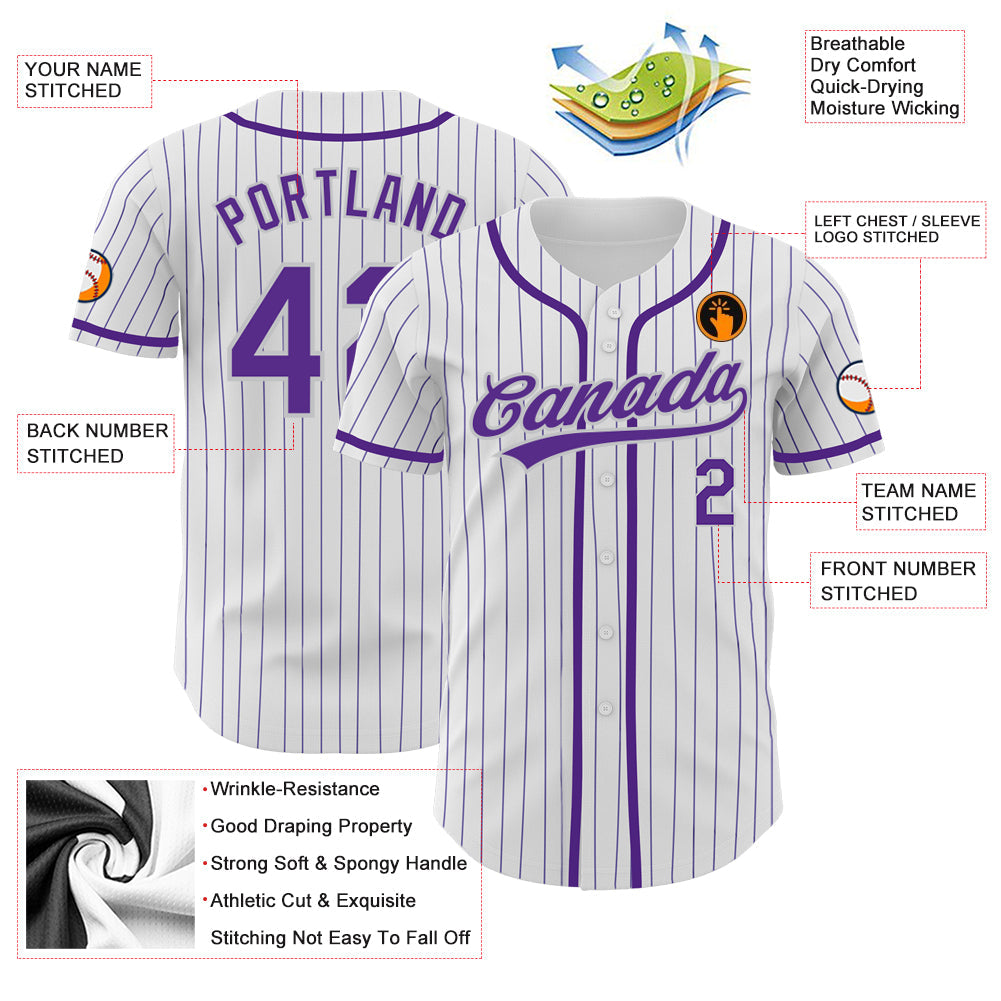 Custom White Purple Pinstripe Purple-Gray Authentic Baseball Jersey - Sky-Custom