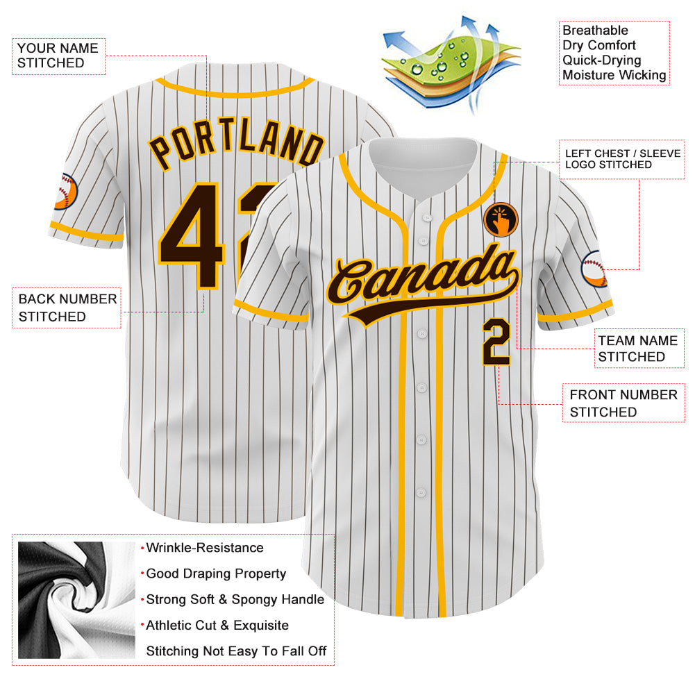 Custom White Brown Pinstripe Brown-Gold Authentic Baseball Jersey - Sky-Custom