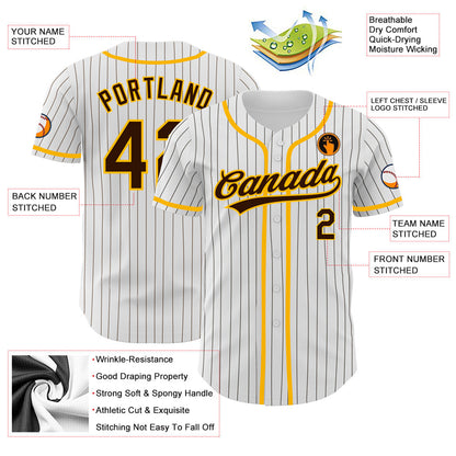 Custom White Brown Pinstripe Brown-Gold Authentic Baseball Jersey - Sky-Custom