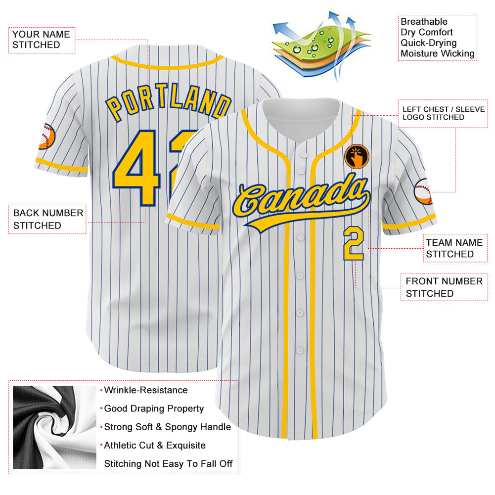 Custom White Royal Pinstripe Gold Authentic Baseball Jersey - Sky-Custom