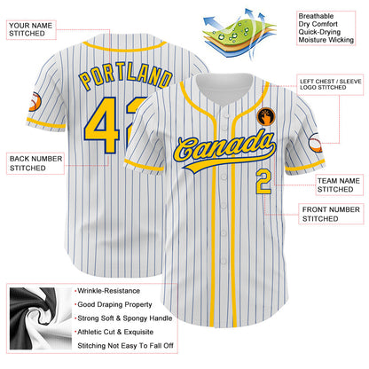 Custom White Royal Pinstripe Gold Authentic Baseball Jersey - Sky-Custom