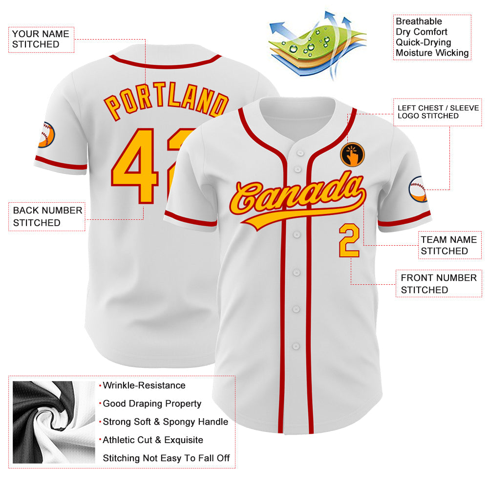 Custom White Gold-Red Authentic Baseball Jersey - Sky-Custom