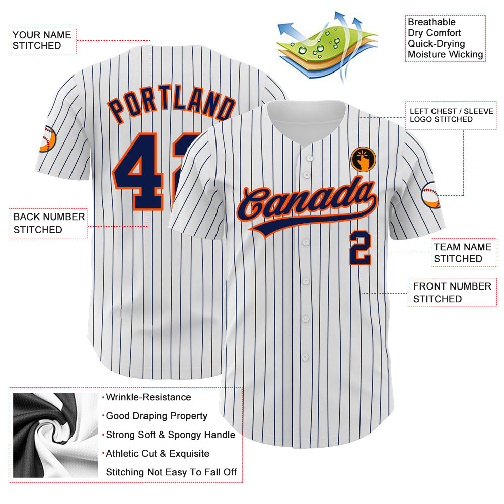 Custom White Navy Pinstripe Navy-Orange Authentic Baseball Jersey - Sky-Custom