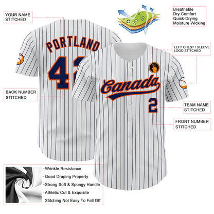 Custom White Navy Pinstripe Navy-Orange Authentic Baseball Jersey - Sky-Custom