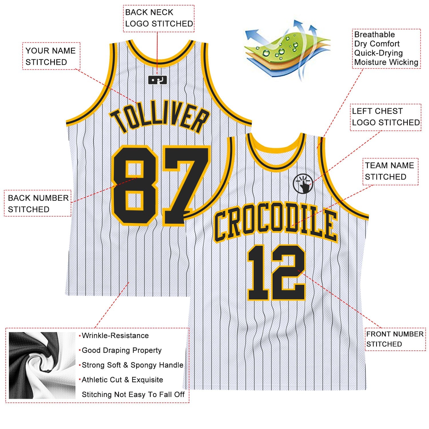 Custom White Black Pinstripe Black-Gold Authentic Basketball Jersey - Sky-Custom
