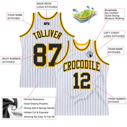 Custom White Black Pinstripe Black-Gold Authentic Basketball Jersey - Sky-Custom
