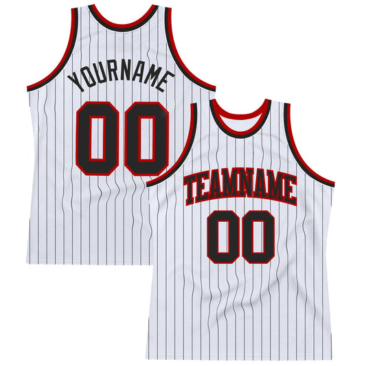 Custom White Black Pinstripe Black-Red Authentic Basketball Jersey - Sky-Custom