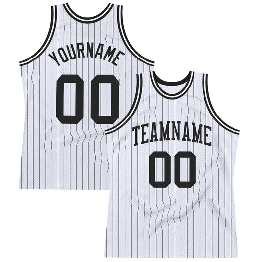 Custom White Black Pinstripe Black Authentic Basketball Jersey - Sky-Custom