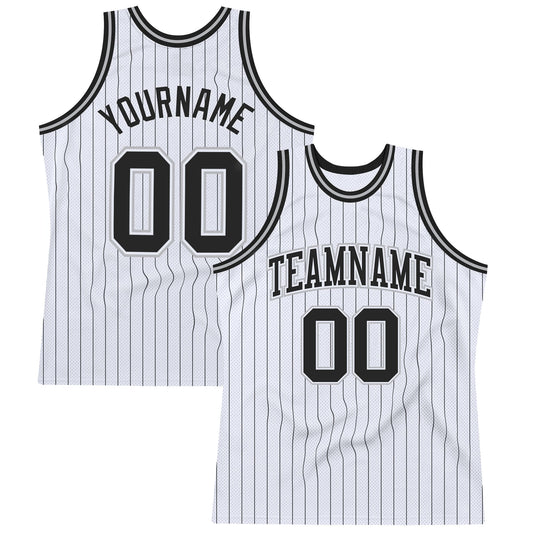 Custom White Black Pinstripe Black-Gray Authentic Basketball Jersey - Sky-Custom