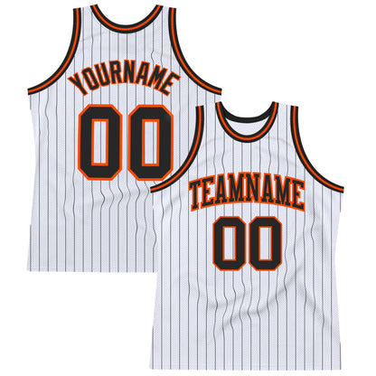 Custom White Black Pinstripe Black-Orange Authentic Basketball Jersey - Sky-Custom