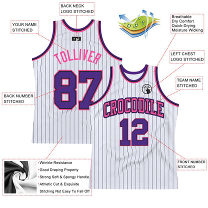 Custom White Black Pinstripe Purple-Pink Authentic Basketball Jersey - Sky-Custom