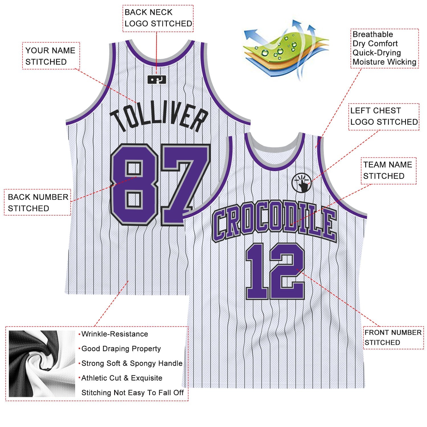 Custom White Black Pinstripe Purple-Gray Authentic Basketball Jersey - Sky-Custom
