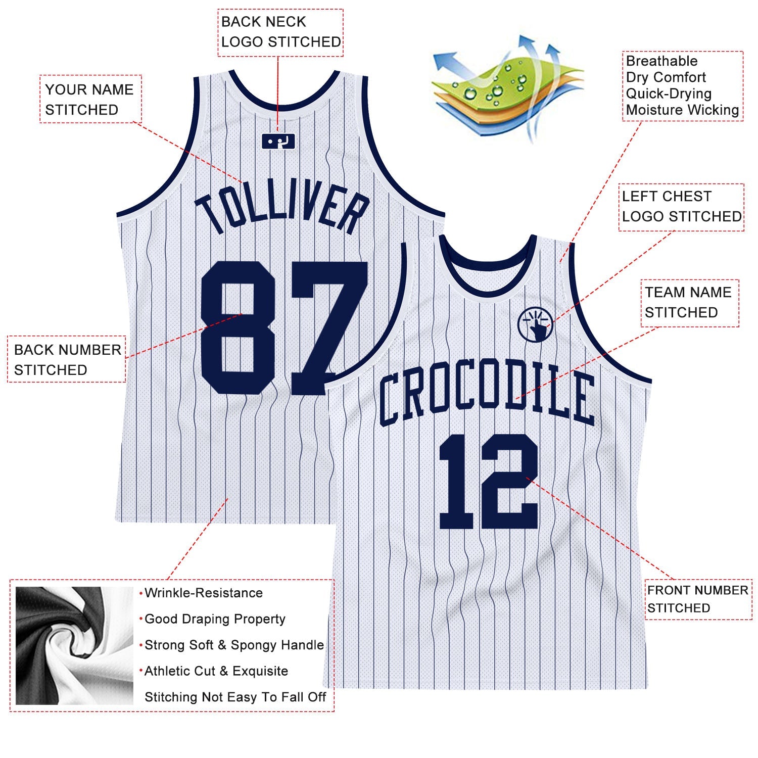 Custom White Navy Pinstripe Navy Authentic Basketball Jersey - Sky-Custom