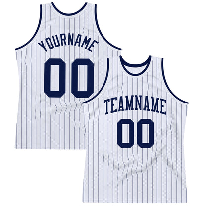 Custom White Navy Pinstripe Navy Authentic Basketball Jersey - Sky-Custom