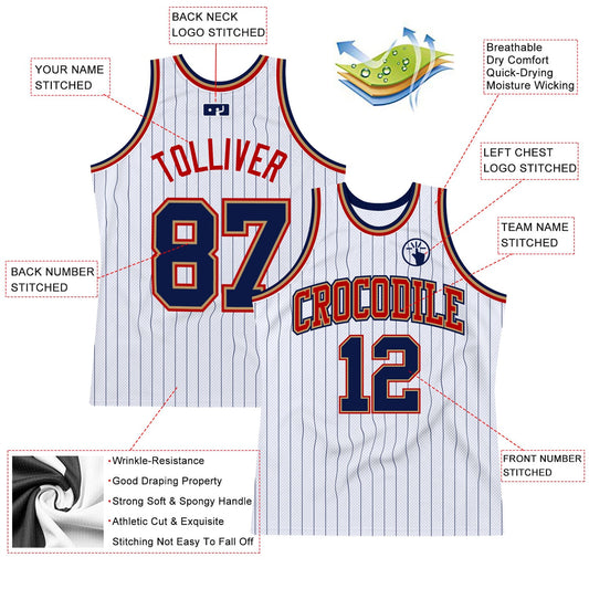 Custom White Navy Pinstripe Navy Old Gold-Red Authentic Basketball Jersey - Sky-Custom