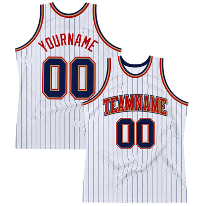 Custom White Navy Pinstripe Navy Old Gold-Red Authentic Basketball Jersey - Sky-Custom