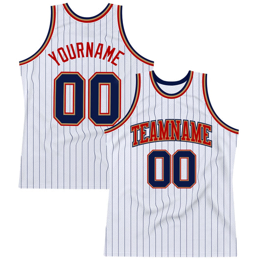 Custom White Navy Pinstripe Navy Old Gold-Red Authentic Basketball Jersey - Sky-Custom