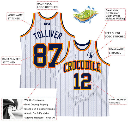 Custom White Navy Pinstripe Navy Gold-Orange Authentic Basketball Jersey - Sky-Custom