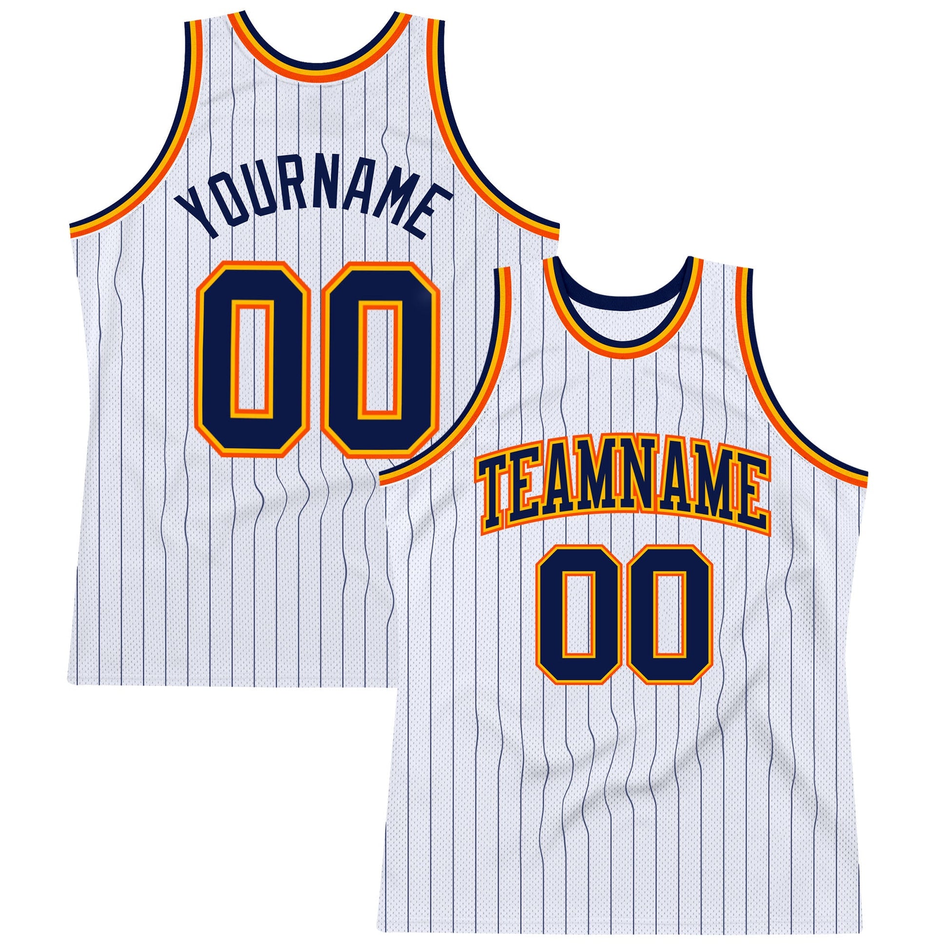 Custom White Navy Pinstripe Navy Gold-Orange Authentic Basketball Jersey - Sky-Custom