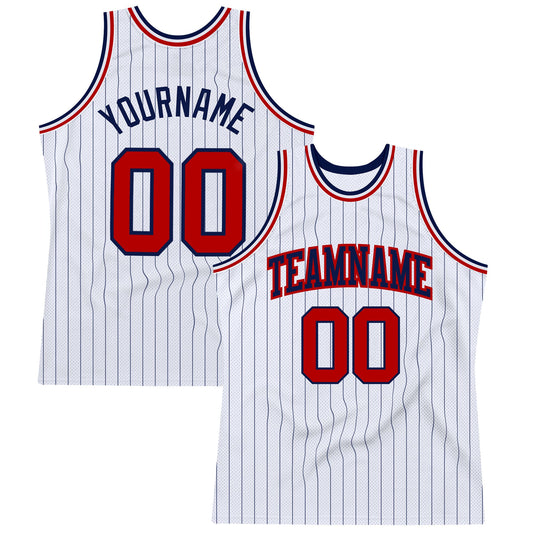 Custom White Navy Pinstripe Red Authentic Basketball Jersey - Sky-Custom