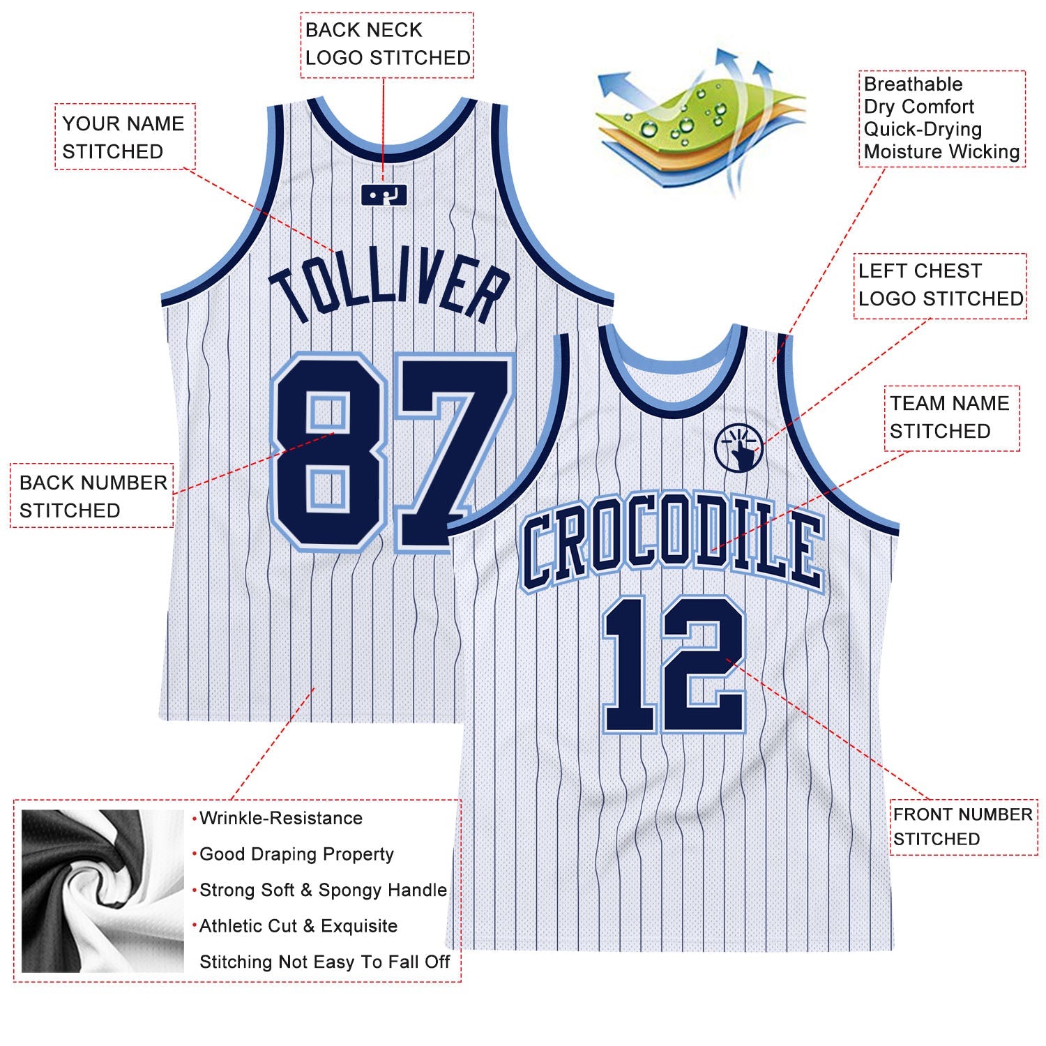 Custom White Navy Pinstripe Navy-Light Blue Authentic Basketball Jersey - Sky-Custom