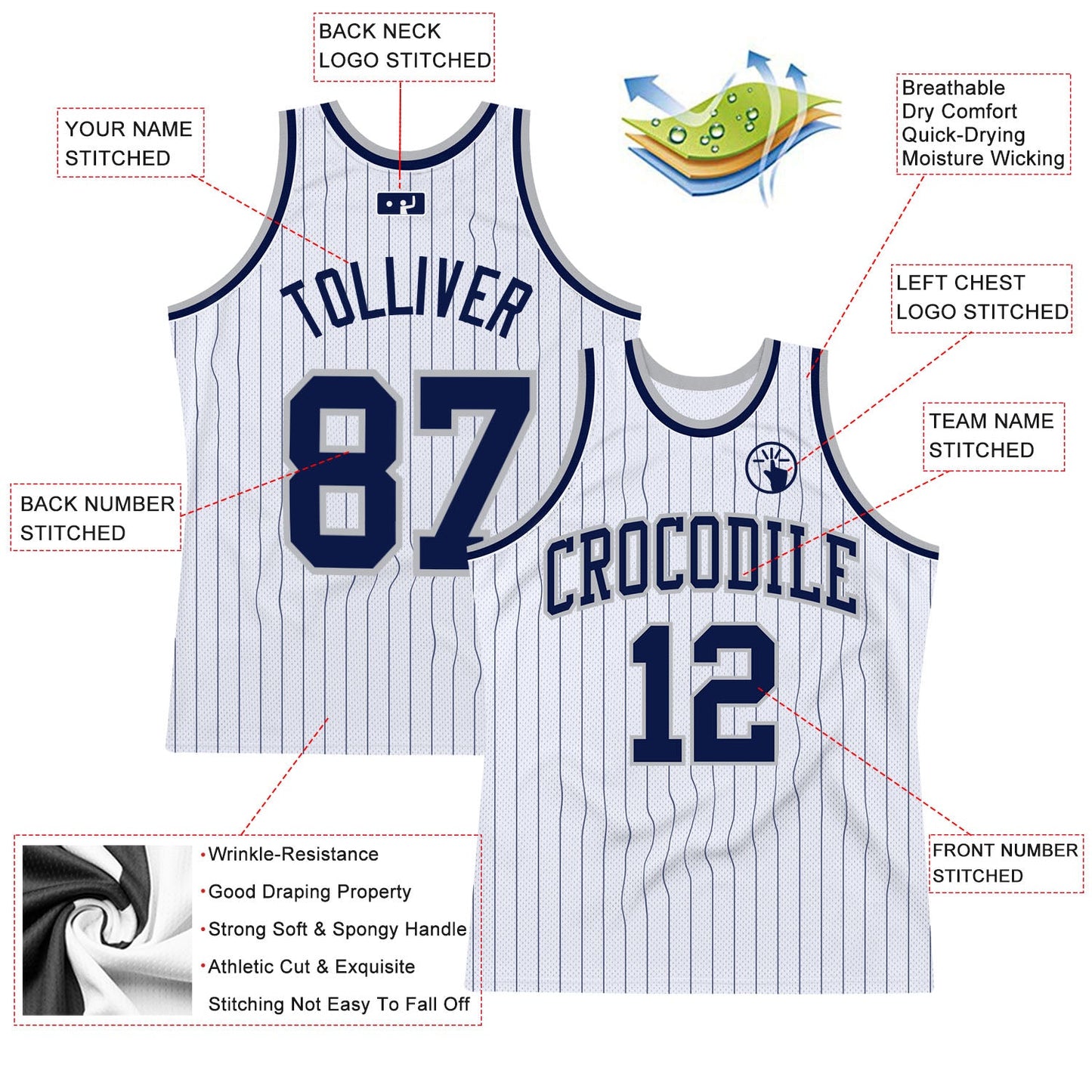 Custom White Navy Pinstripe Navy-Gray Authentic Basketball Jersey - Sky-Custom