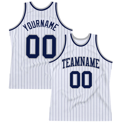 Custom White Navy Pinstripe Navy-Gray Authentic Basketball Jersey - Sky-Custom